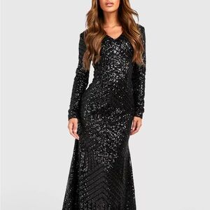 Boohoo Black Sequin Long Sleeve Dress